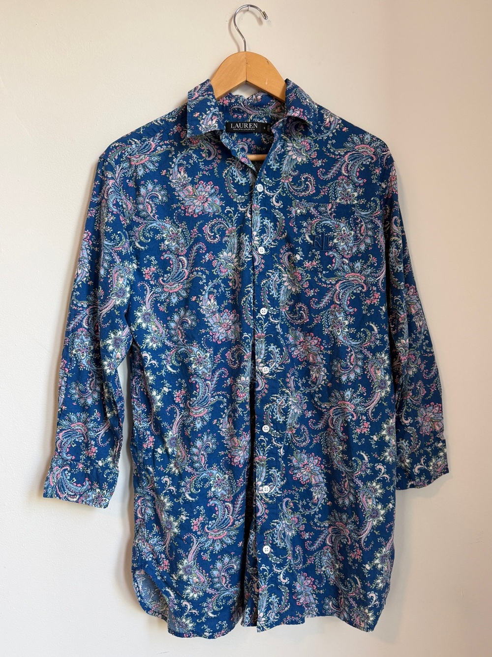 Lauren Ralph Lauren Sleepshirt Size S Blue Paisley Cotton Blend Button Front